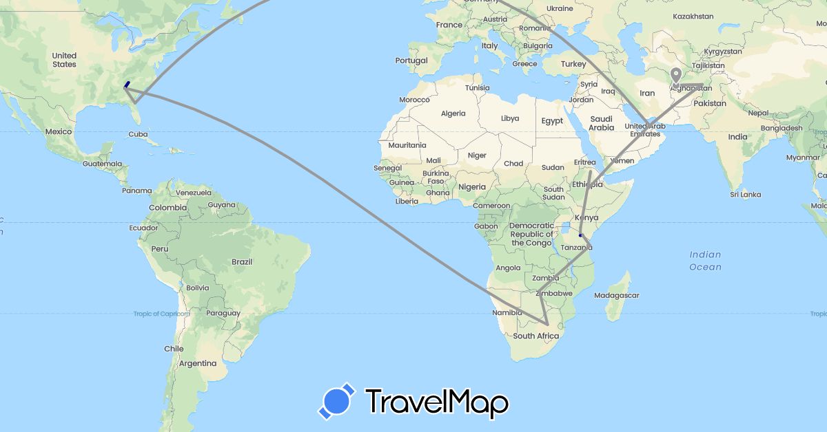 TravelMap itinerary: driving, plane in United Arab Emirates, Afghanistan, Ethiopia, Kenya, Tanzania, United States, South Africa, Zambia (Africa, Asia, North America)