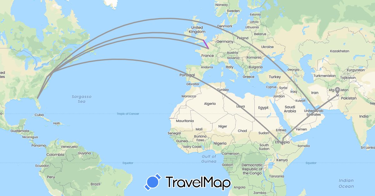 TravelMap itinerary: driving, plane, train in United Arab Emirates, Afghanistan, Ethiopia, France, United Kingdom, United States (Africa, Asia, Europe, North America)